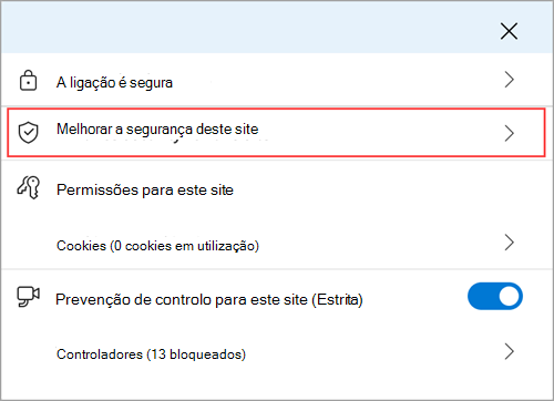 O menu de informações do site do Microsoft Edge a mostrar a funcionalidade Melhorar a segurança deste site.