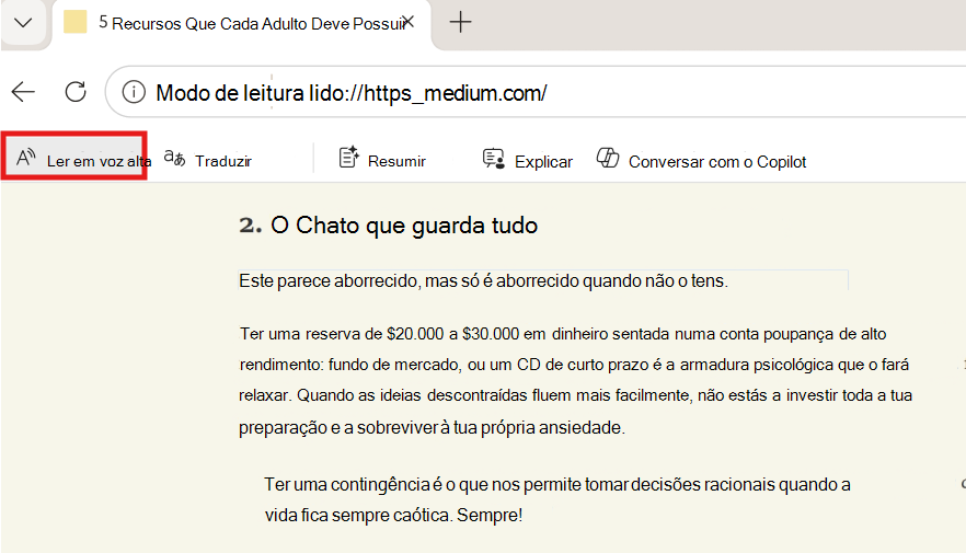Captura de ecrã a mostrar a leitura em voz alta.