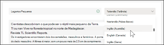 captura de ecrã a mostrar a lista pendente para selecionar um idioma