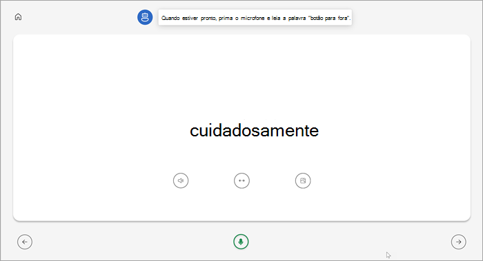 vista de ecrã inteiro da página de formação de leitura dos estudantes. a palavra é apresentada cuidadosamente com botões para reproduzir a palavra, esticar a palavra ou ver uma imagem abaixo. um microfone verde encontra-se na parte inferior central da página.