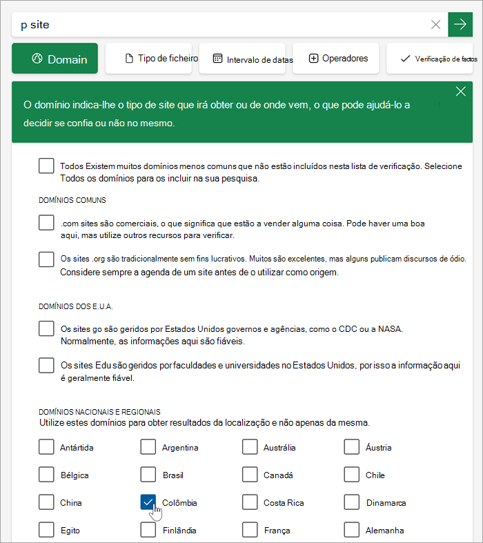 Captura de ecrã a mostrar a lista de domínios País e Regional depois de clicar em mais.