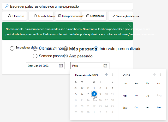 Captura de ecrã da ferramenta de seleção de datas depois de selecionar o intervalo personalizado.