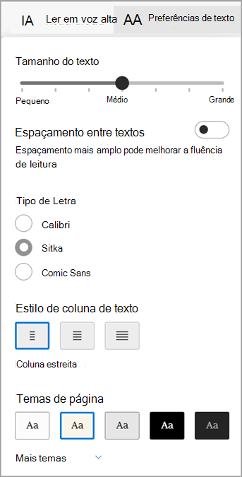 Preferências de texto no Leitura Avançada para o Microsoft Edge.