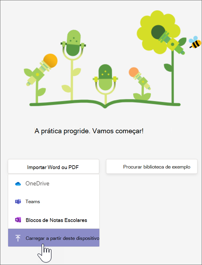 captura de ecrã a mostrar a lista pendente depois de selecionar carregar a palavra de pdf