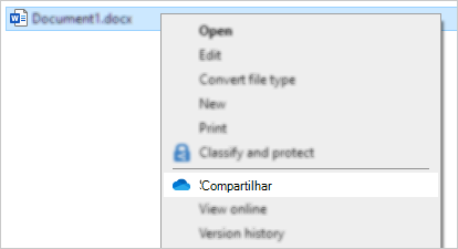Menu de contexto do Explorador a mostrar o comando partilhar do OneDrive