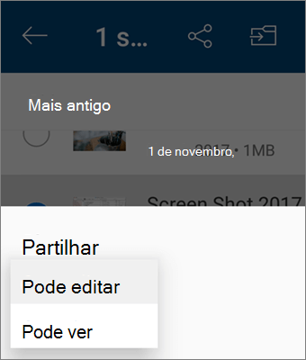 Captura de ecrã a mostrar a alteração da permissão ao partilhar na aplicação OneDrive para Android