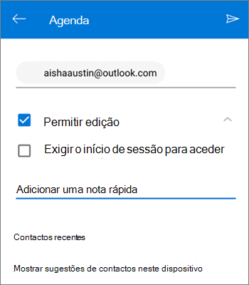 Captura de ecrã a mostrar como convidar pessoas para partilhar um ficheiro a partir do OneDrive para Android