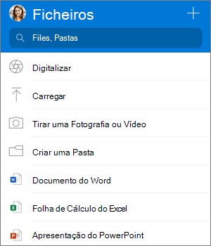 Captura de ecrã a mostrar o menu Adicionar na aplicação OneDrive para iOS