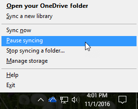 Uma captura de ecrã a mostrar o menu anterior do OneDrive para Empresas com a opção Interromper a sincronização selecionada.