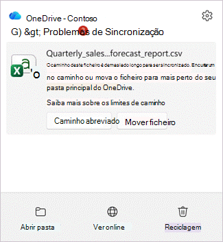Captura de ecrã a mostrar o Centro de Atividades do OneDrive com sinalizadores para um item cujo caminho é demasiado longo, com os botões Caminho abreviado e Mover ficheiro.