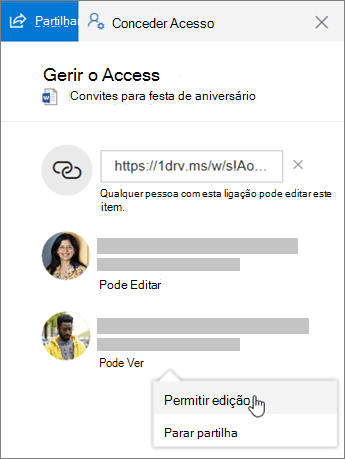 Captura de ecrã a mostrar a secção Partilha no painel Detalhes de um ficheiro partilhado.
