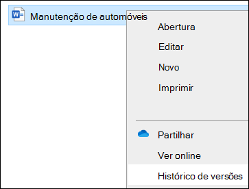Explorador de Ficheiros menu, incluindo a opção Histórico de versões.