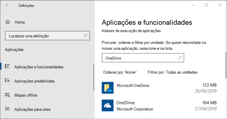 OneDrive em Definições de Aplicações do Windows