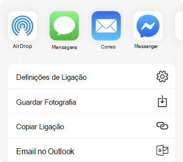 Menu Partilhar com aplicações na parte superior e uma lista de opções de partilha abaixo das mesmas