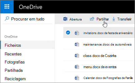 Captura de ecrã de um ficheiro selecionado e do botão Partilhar no OneDrive.