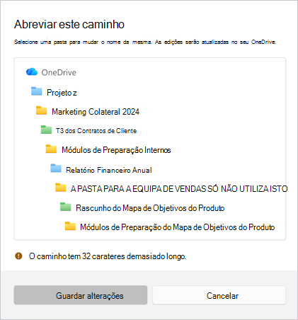 Captura de ecrã a mostrar a mensagem para encurtar o nome de ficheiro selecionado.