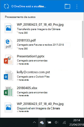 Ecrã de processamento de alterações do OneDrive
