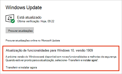 Windows Update a mostrar o posicionamento da atualização de funcionalidades