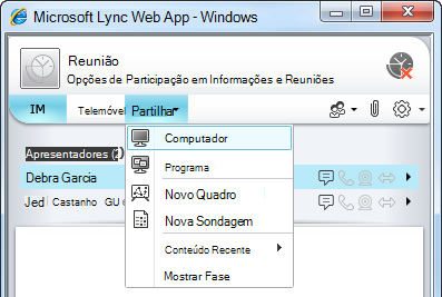 Menu Partilhar no Lync Web App