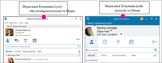 Comparação lado a lado da página de contactos do Skype para Empresas e da página do Skype para Empresas (Lync)