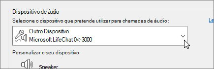Uma captura de ecrã a mostrar o menu pendente do dispositivo de áudio na caixa de diálogo Definições de Dispositivo de Áudio.