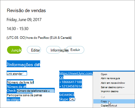Realçar e copiar informações da reunião