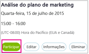 Informações de reunião com o botão Participar realçado