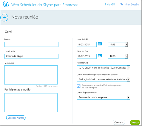 Ecrã do Web Scheduler no qual fornece detalhes da reunião e ao qual adiciona convidados
