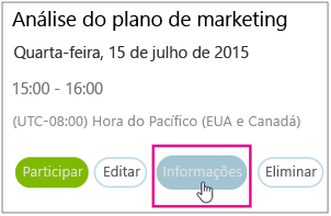 Detalhes da reunião com o botão Informações realçado