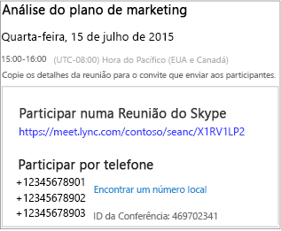 Ecrã de exemplo que apresenta os detalhes da reunião