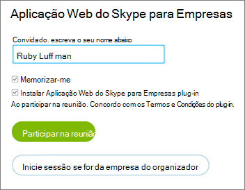 Inicie sessão no Aplicação Web do Skype para Empresas como convidado ou com as credenciais da sua organização