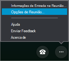 Menu Mais opções com opções de Reunião selecionadas