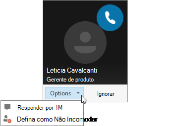 Captura de ecrã de uma notificação de chamada com o menu Opções aberto.