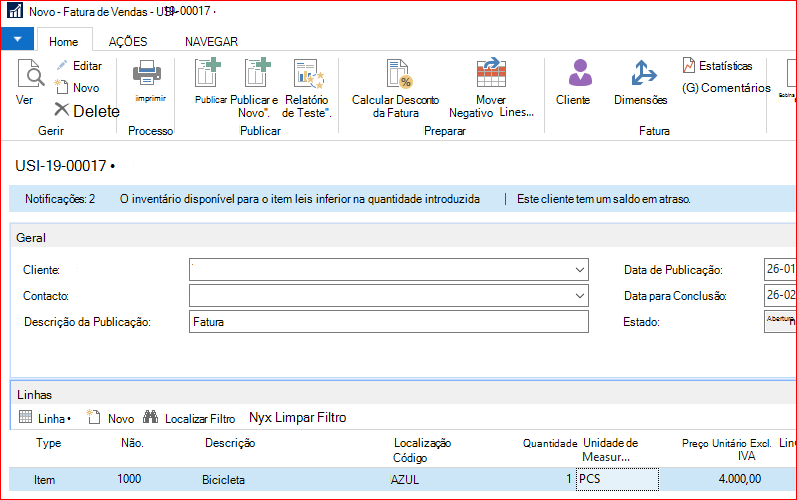Criar e publicar documento de Vendas ou Compra