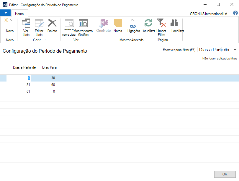 Captura de ecrã da Configuração do Período de Pagamento
