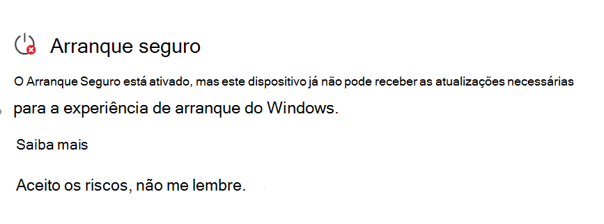 A secção Arranque Seguro a mostrar o estado Requer ação com um ícone de paragem vermelho.