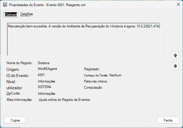 WinRE Event Properties
