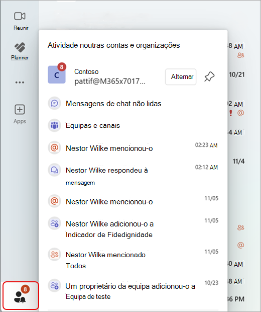 Captura de ecrã a mostrar a atividade do Teams em várias contas e organizações.