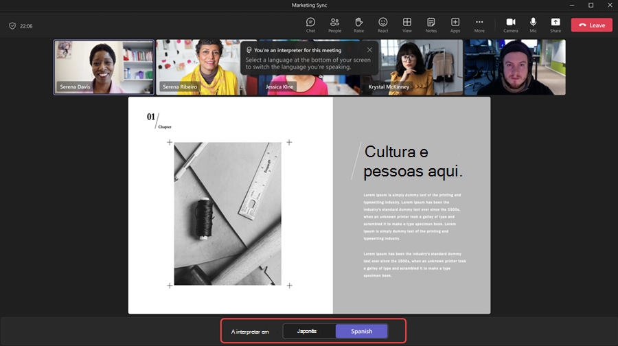 Um ecrã de videoconferência mostra quatro participantes, com uma opção de intérprete e texto sobre cultura e pessoas.