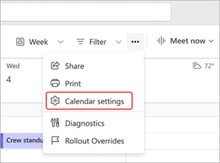 Captura de ecrã a realçar as definições do calendário no calendário do Teams.