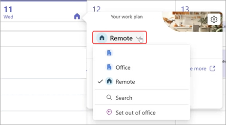 Captura de ecrã a mostrar o menu pendente plano de trabalho no calendário do Teams.