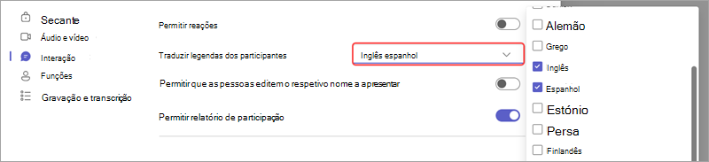Opção reunião que mostra como adicionar idiomas para legendas traduzidas em direto num evento.