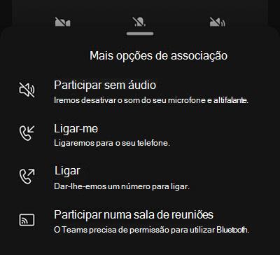 Selecione uma origem de áudio no ecrã de pré-participação da reunião móvel.