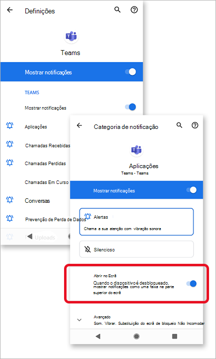 Imagem a mostrar a permissão de ecrã de pop-up para as Notificações no Microsoft Teams