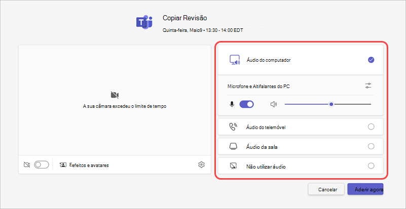 Escolha a origem de áudio para uma reunião no ecrã de pré-participação.