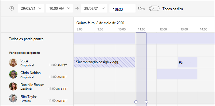 Captura de ecrã da vista de fuso horário do Assistente de Agendamento no Teams