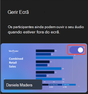 Captura de ecrã que realça como partilhar conteúdo visível durante um evento do Microsoft Teams.