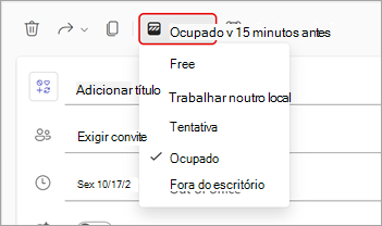 Captura de ecrã do menu pendente para Mostrado como estados numa reunião do Teams.