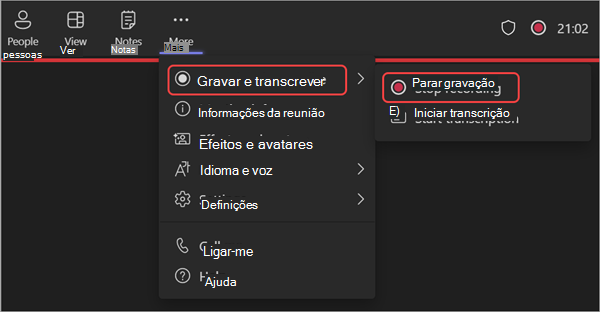 Captura de ecrã a mostrar como parar a gravação durante um webinar