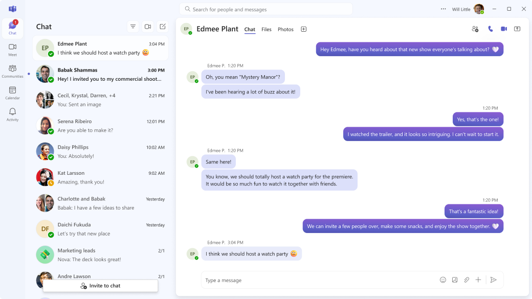 Teams (free) app with tab icons chat page